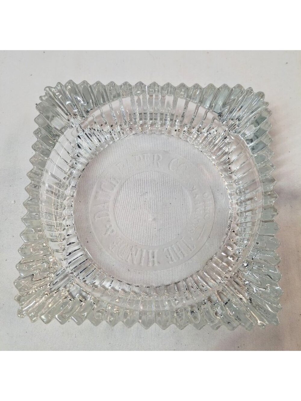 Vintage Hinde & Dauch Paper Co. Square Pressed Glass Ashtray With Ribbed Edges &